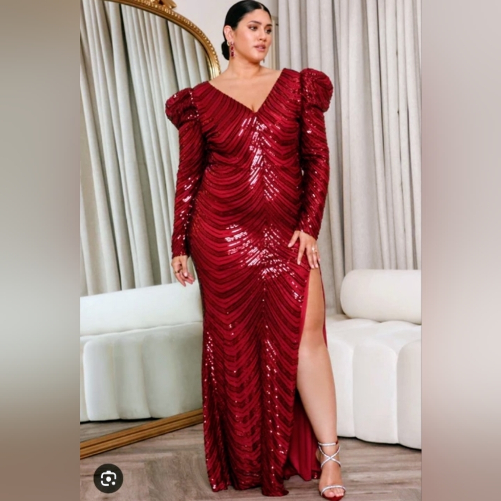 Fashion Nova Burgundy Sequin V Neck Gown